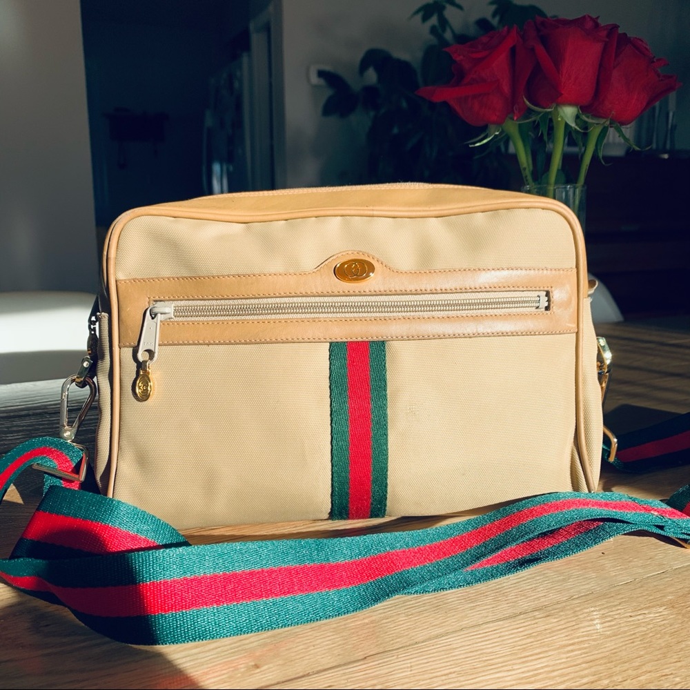 Gucci Vintage Tan Web Canvas Ophidia Messenger Bag